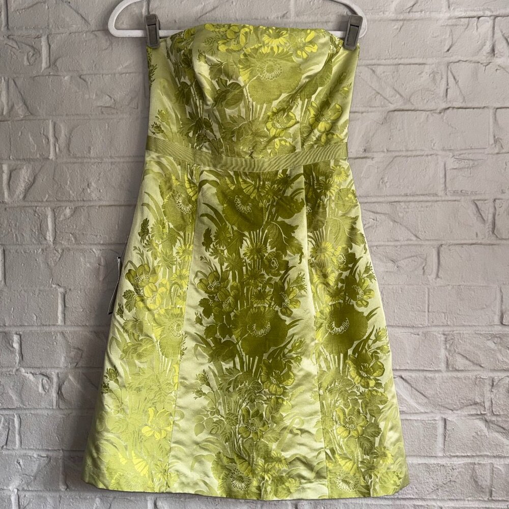 NWT Ann Taylor Petite 4P Silk Blend Floral Jacquard Strapless Dress - Lime Green
